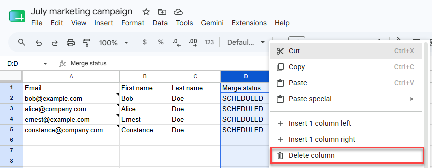 Right-click menu on the Merge status column with Delete column selected, next to rows showing the SCHEDULED status
