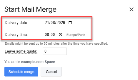 Delivery date and time fields in the Start Mail Merge window, with a Leave some quota field and a Schedule merge button