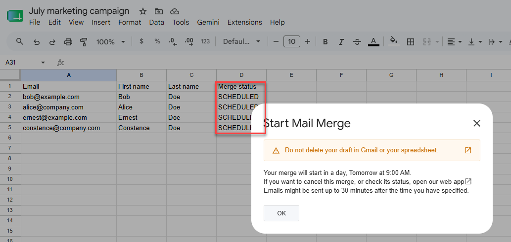 A modal indicates success and the spreadsheet is updated with a Merge status column