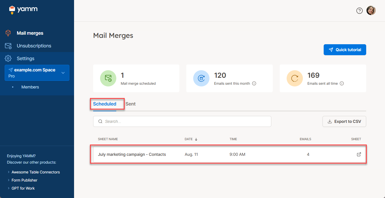 The scheduled mail merge is visible in your YAMM dashboard under Mail merge, Scheduled