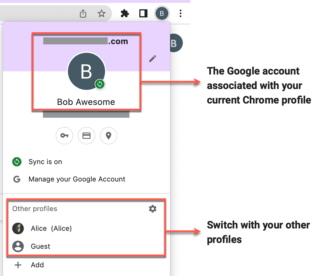 Chrome profile menu with callouts on the account for the current profile and on the Other profiles list used to switch