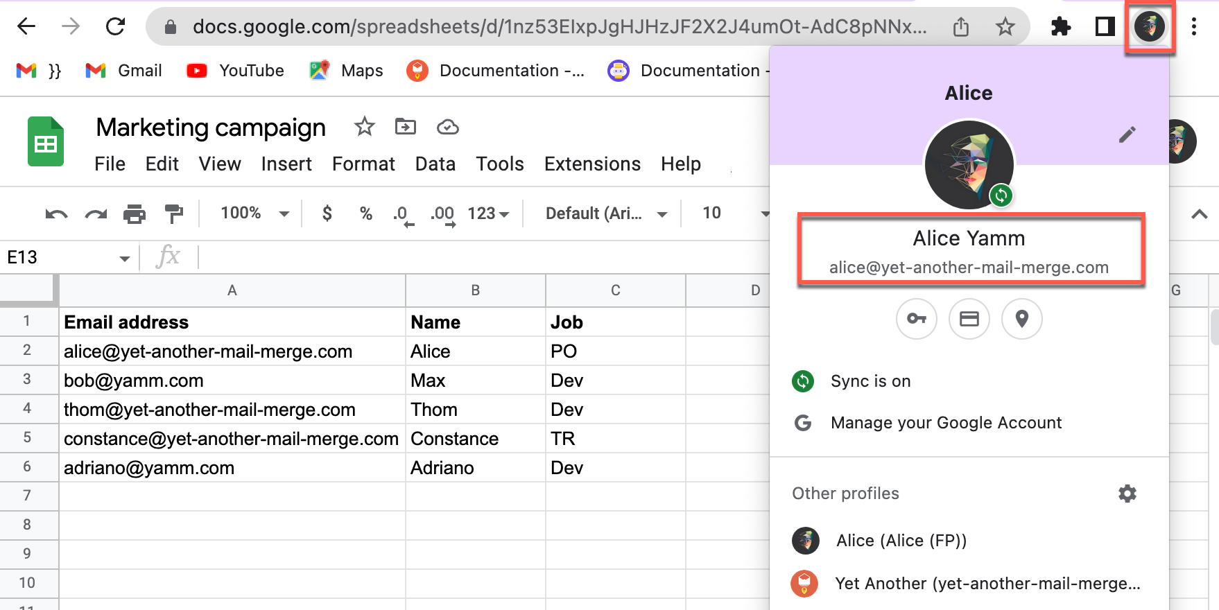Chrome profile menu open over a contact list spreadsheet, showing the signed-in account and the other profiles to switch to
