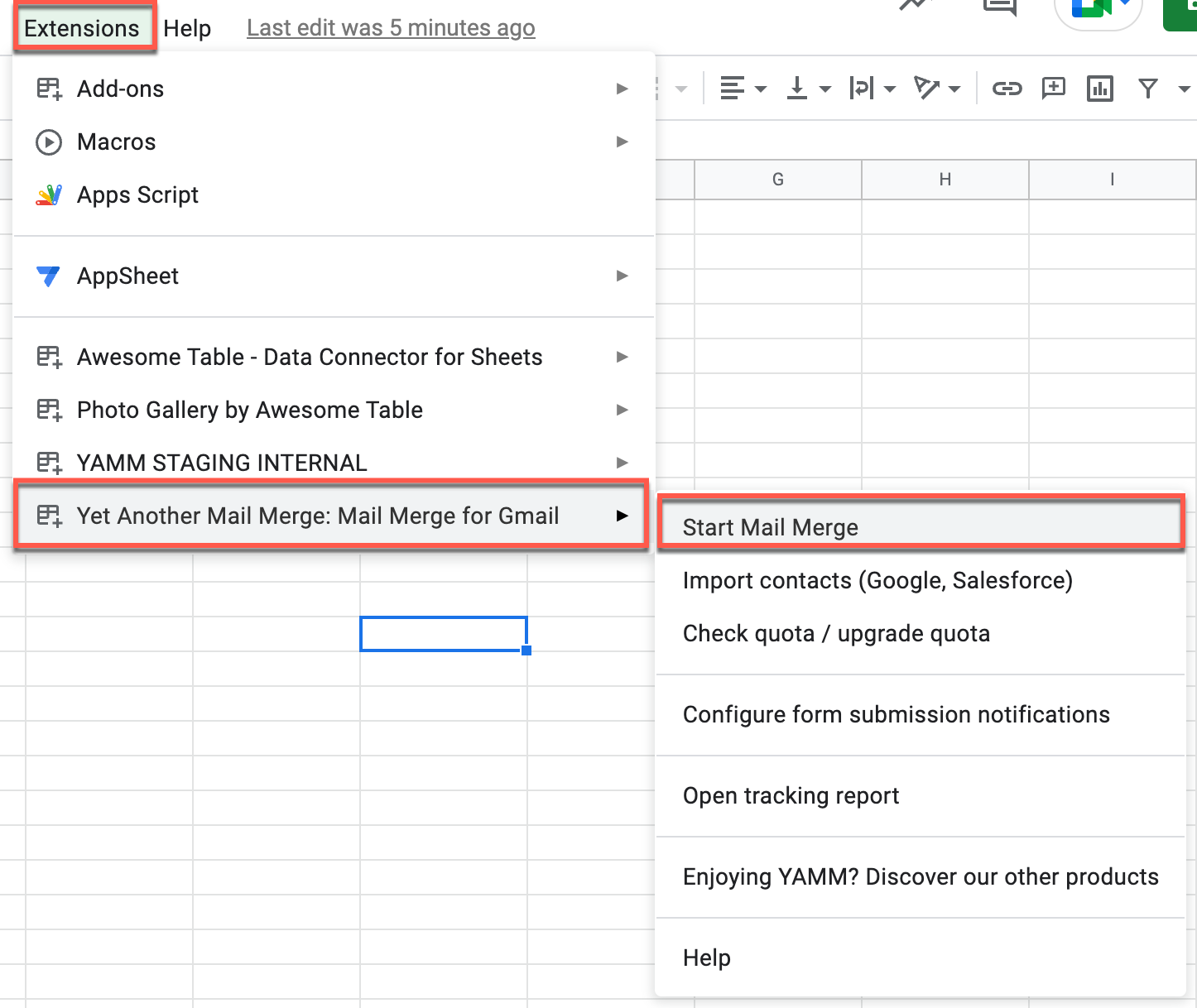 Start Mail Merge selected in the Yet Another Mail Merge submenu of the Extensions menu