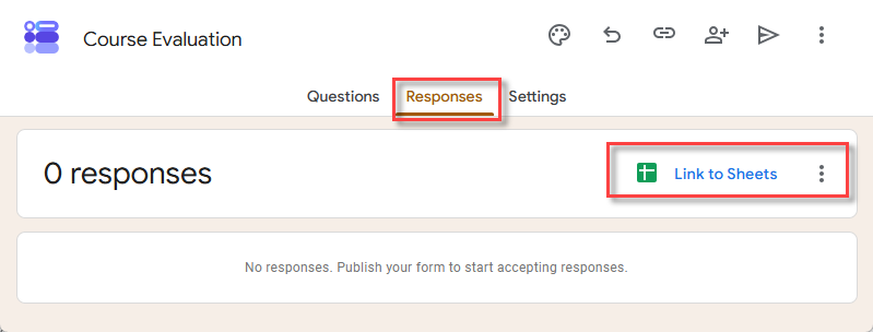 Responses tab of a Google form with the Link to Sheets button