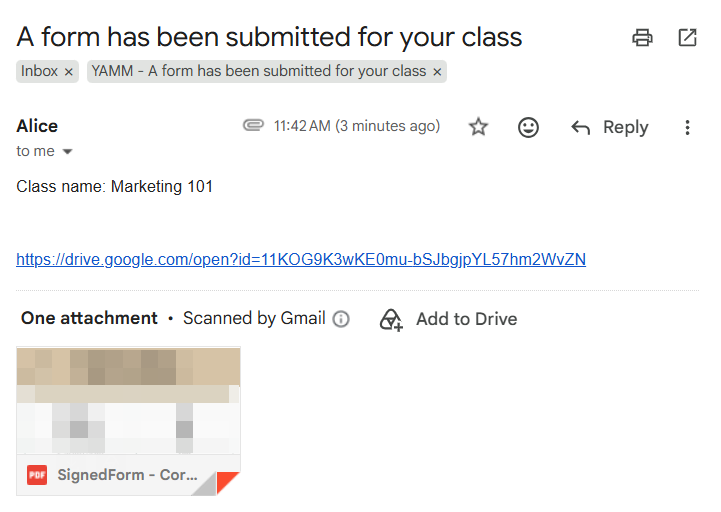 Received notification email carrying the uploaded PDF as an attachment, labeled with the YAMM campaign label