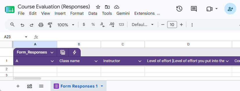New response spreadsheet with a Form Responses 1 tab and the form questions as column headers