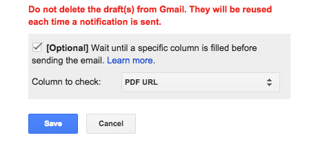 Wait until a specific column is filled option checked, with a Column to check dropdown set to PDF URL