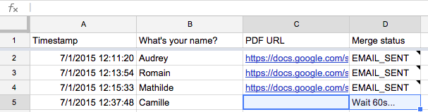 Response spreadsheet where the latest row has an empty PDF URL cell and a Wait 60s merge status