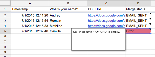 Response spreadsheet where the latest row has an Error merge status and a tooltip explaining that the PDF URL cell is empty