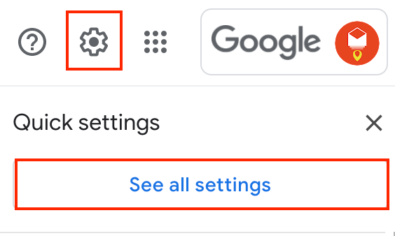 Gmail Quick settings panel with See all settings, opened from the gear icon