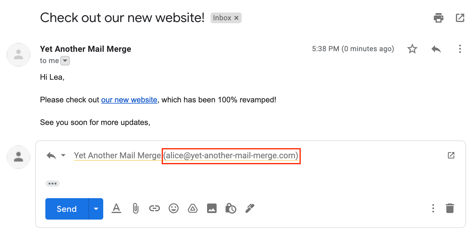 Received email sent from the alias address, shown in the recipient inbox