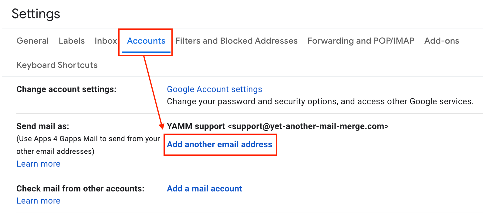 Accounts tab of Gmail settings with Add another email address highlighted next to Send mail as