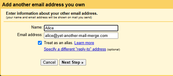 Add another email address you own dialog with a name and alias address entered and Treat as an alias checked