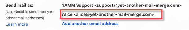 Send mail as setting listing the verified alias below the primary address
