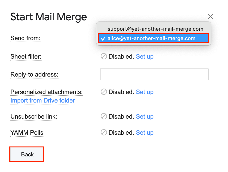 Send from dropdown in the Start Mail Merge window with the alias address selected, above the Back button