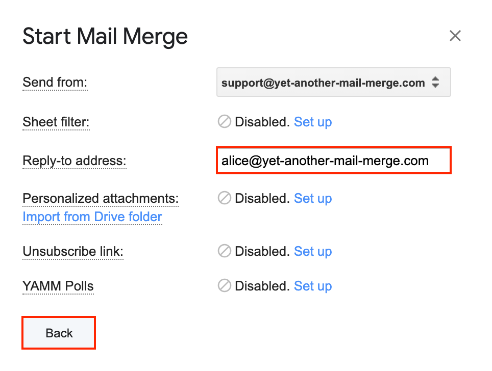 Reply-to address field of the Start Mail Merge window filled with the address that receives responses