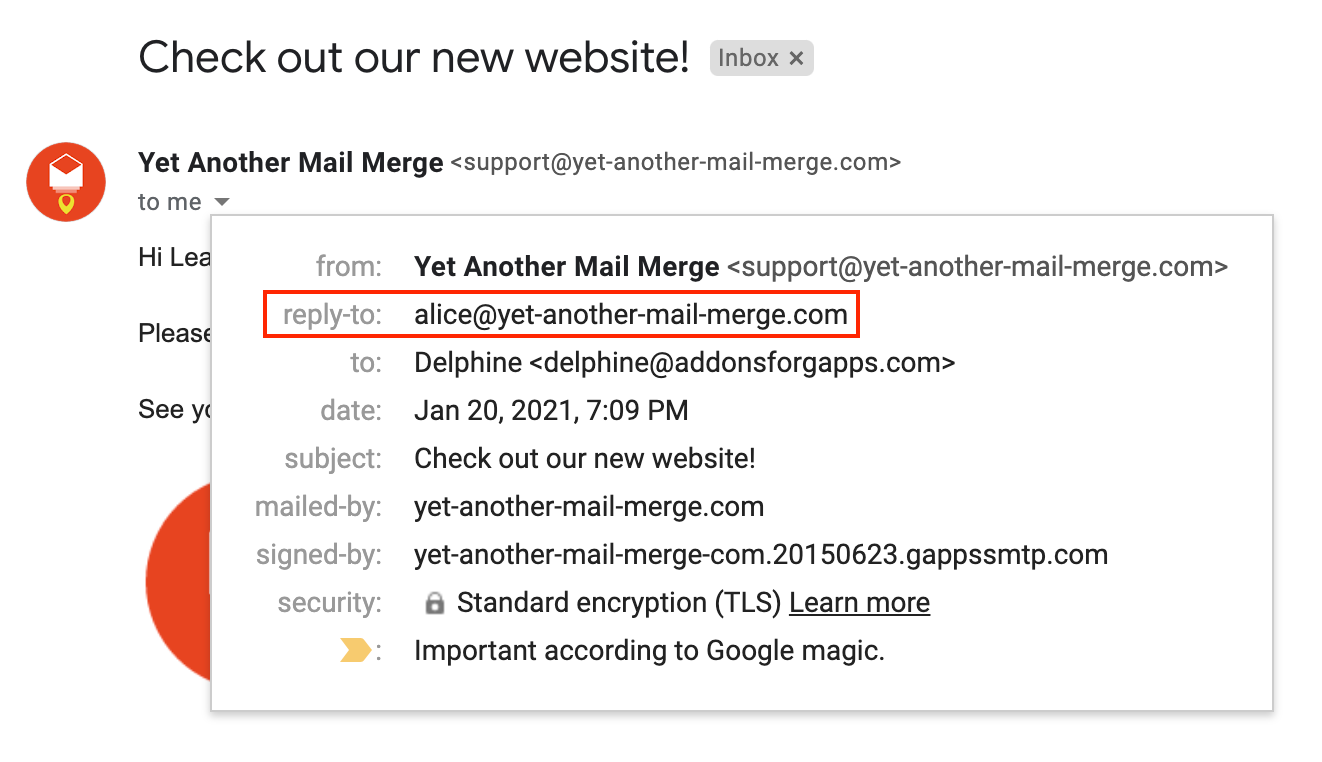 Expanded email details in Gmail showing the reply-to address separate from the sending address