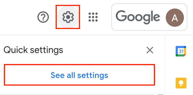 Gmail Quick settings panel of the alias account with See all settings