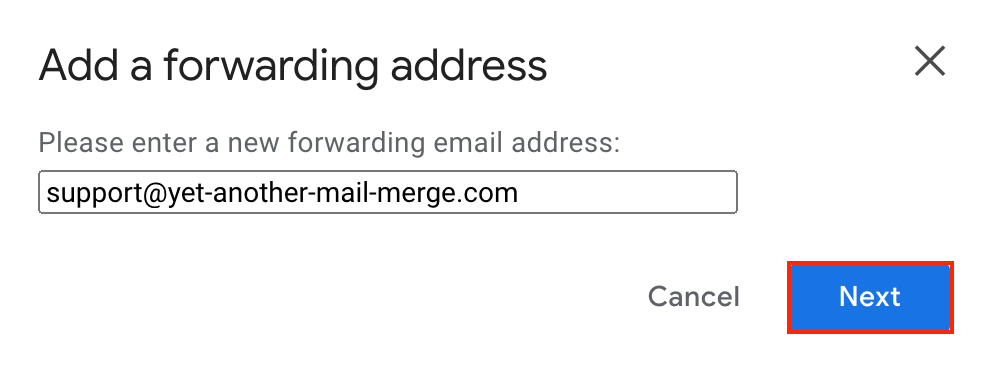 Add a forwarding address dialog with the primary address entered and the Next button