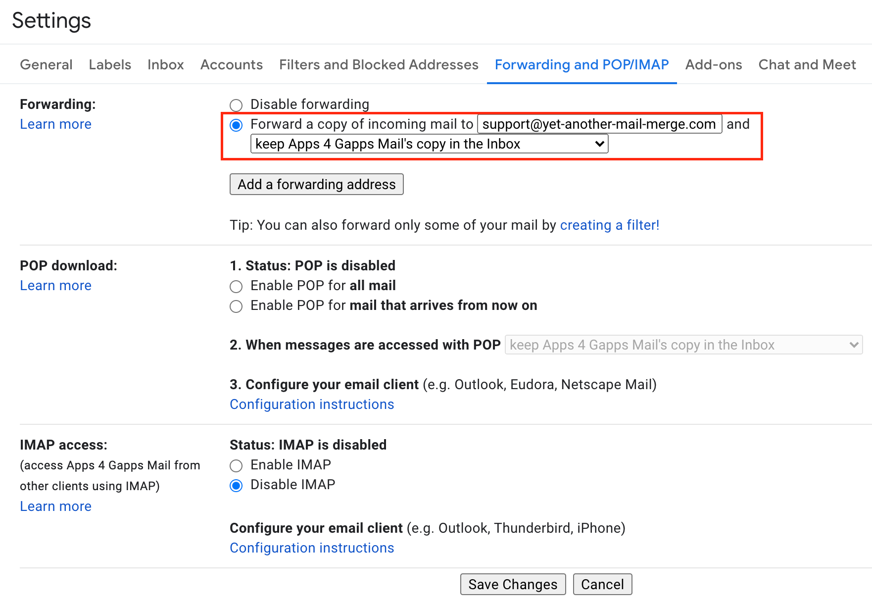 Forwarding set to send a copy of incoming mail to the primary address