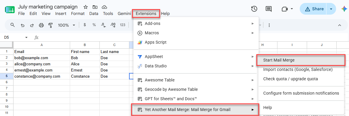 Start Mail Merge from the Extensions menu