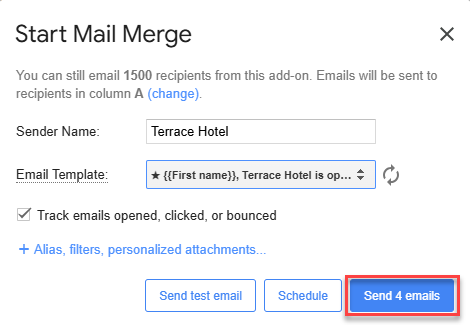 Start Mail Merge window with the sender name, template, and tracking set, and a Send 4 emails button
