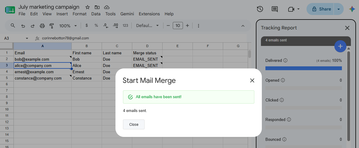 All emails have been sent confirmation over the spreadsheet, with EMAIL_SENT statuses in the Merge status column and the tracking report open