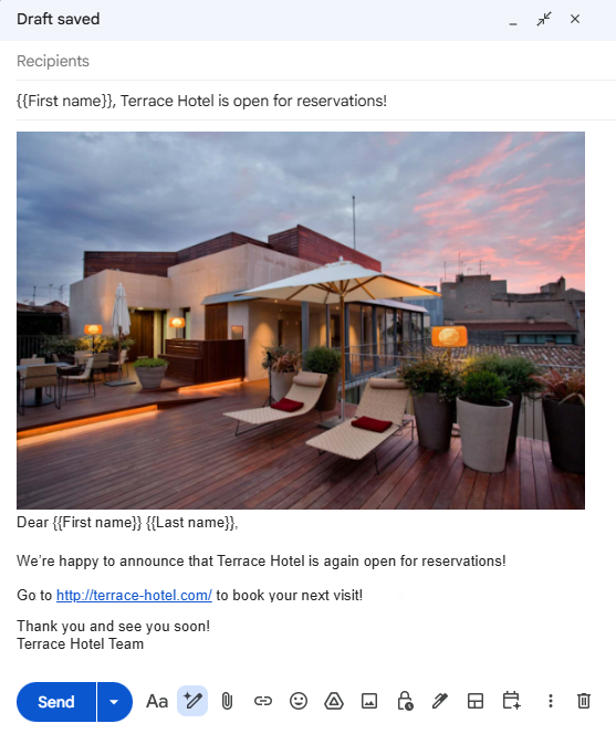 Gmail draft with an empty recipients field and First name and Last name markers highlighted in the subject and body