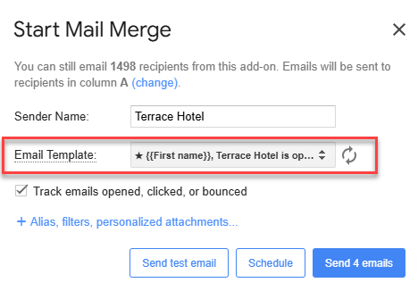 Terrace Hotel draft selected in the Email Template dropdown, with starred drafts listed first