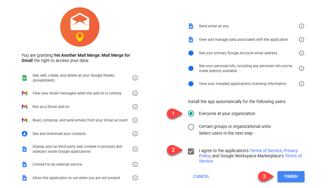 Permissions granted to YAMM, the choice between Everyone at your organization and Certain groups or organizational units, and the Terms of Service checkbox