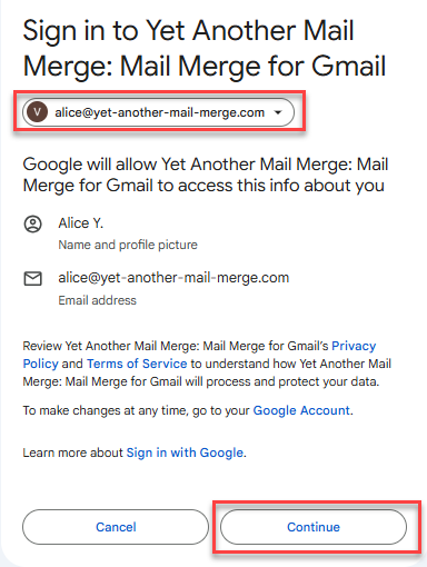 Sign in with Google window listing the accounts to install YAMM on