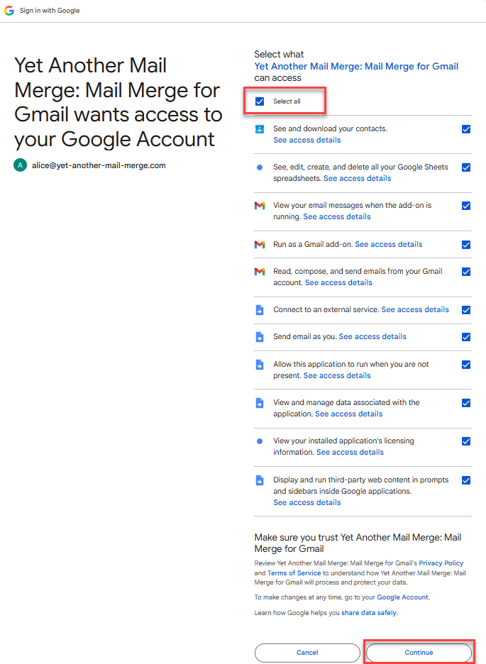 Google consent screen listing the permissions YAMM requests, with the Select all checkbox