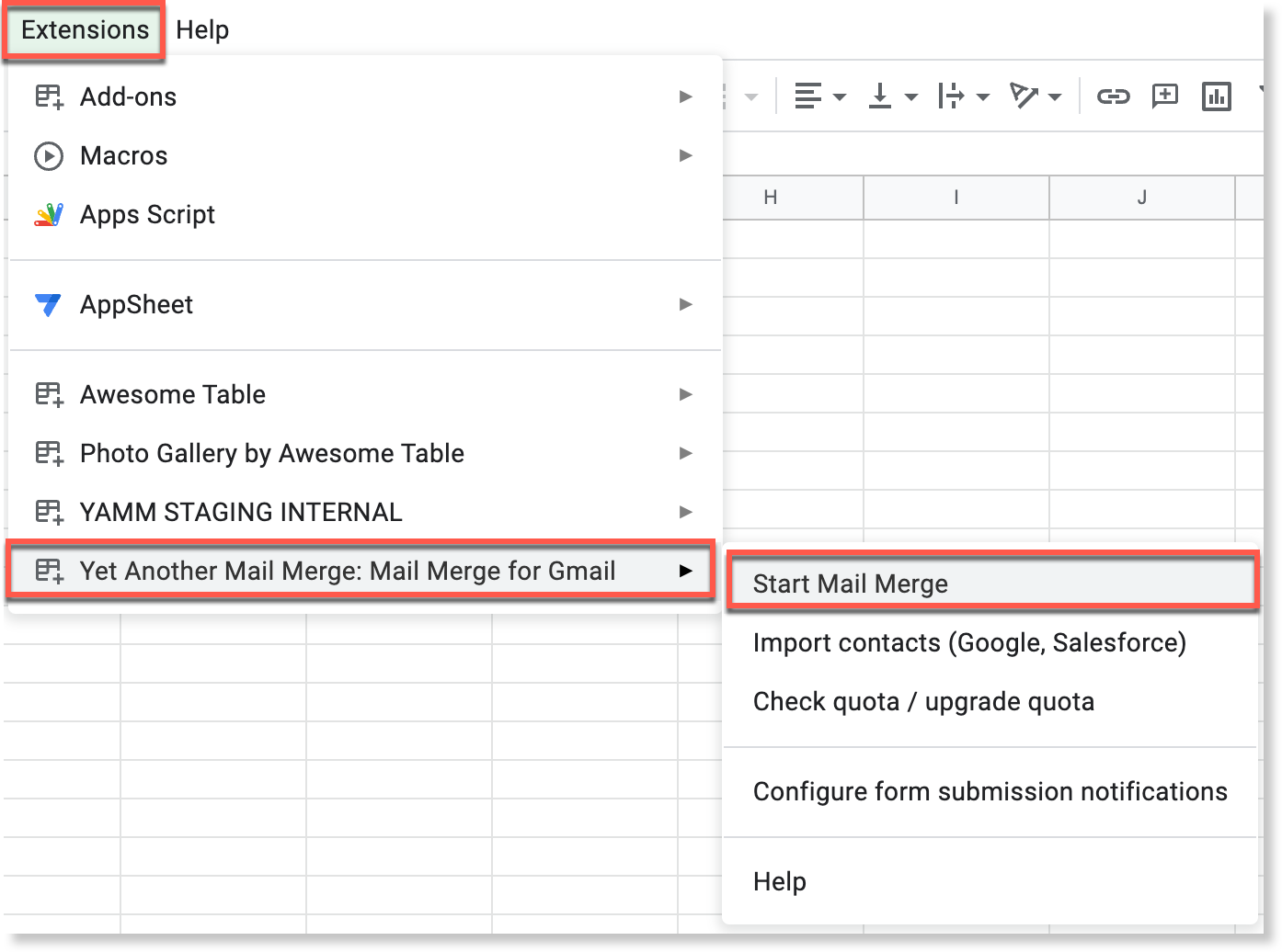 Start Mail Merge selected from the Yet Another Mail Merge add-on menu in Google Sheets
