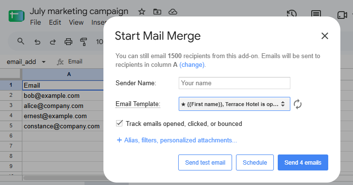 Start Mail Merge window open with a Gmail draft selected
