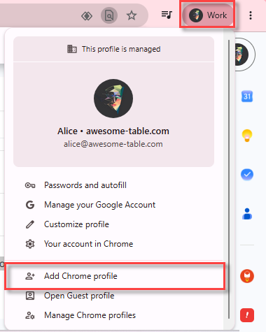 Chrome profile menu with Add Chrome profile selected