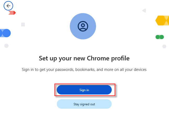 Set up your new Chrome profile page with the Sign in and Stay signed out buttons
