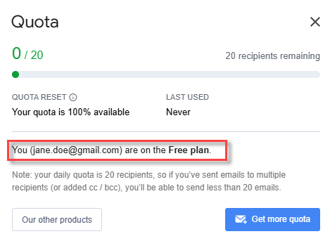 The Quota screen shows your email and YAMM plan.