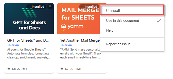 Uninstall in the options menu of the Yet Another Mail Merge app in the Manage apps list