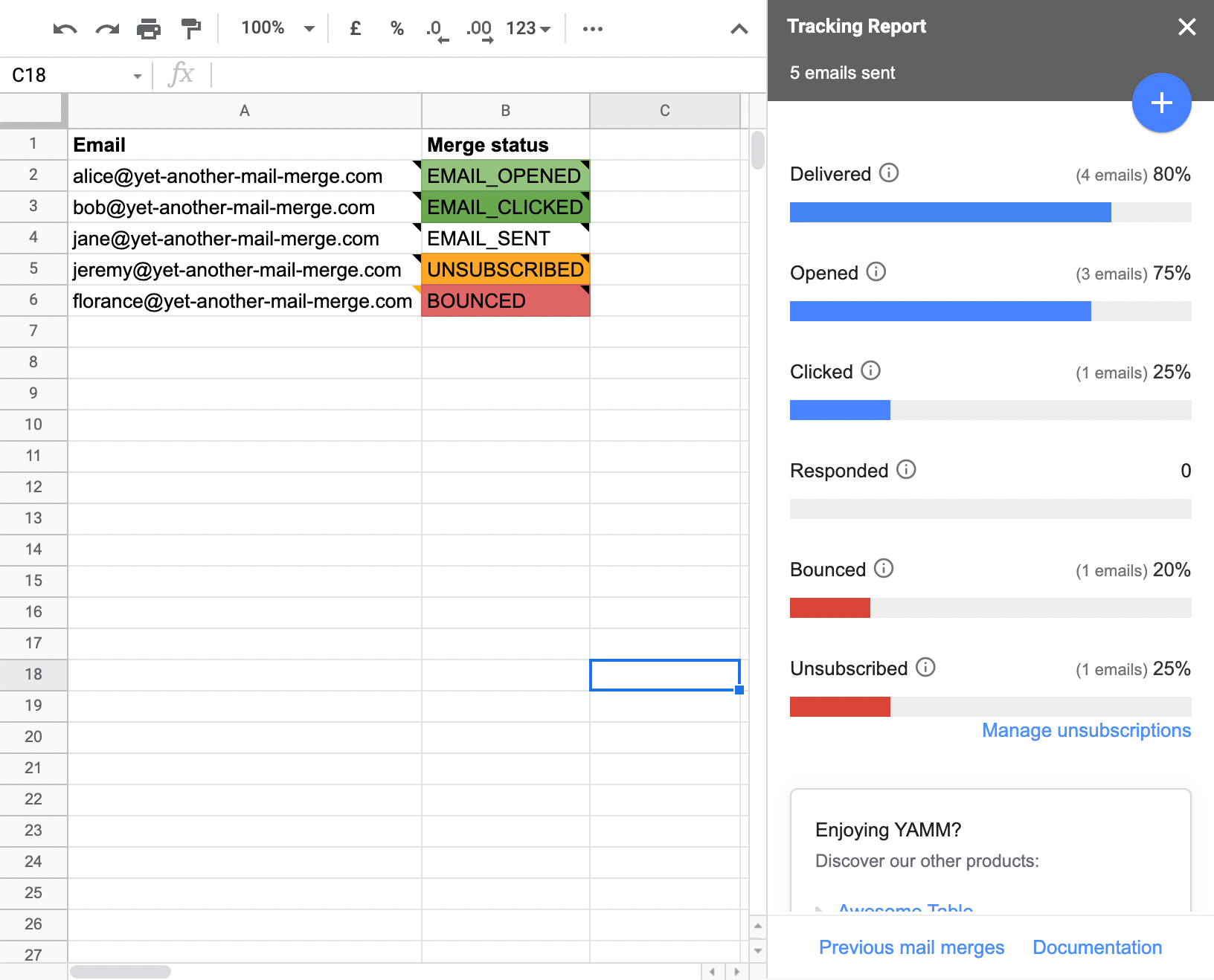 YAMM Google Sheets tracking report all statuses