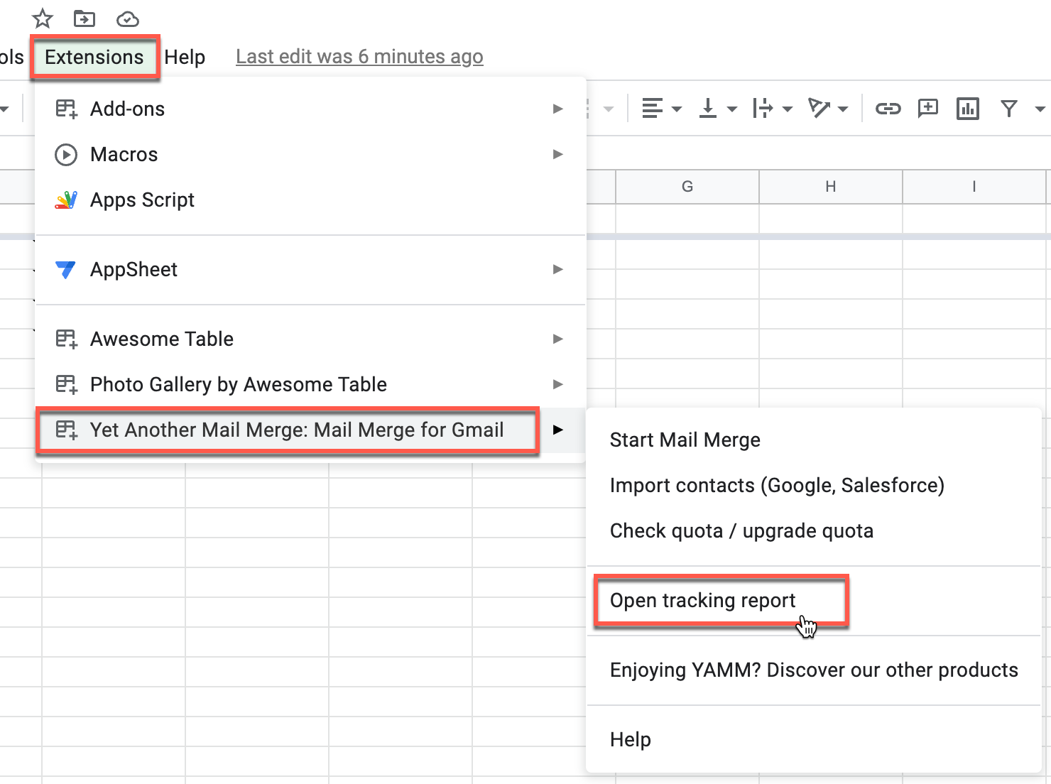 Google Sheets extensions menu open tracking report