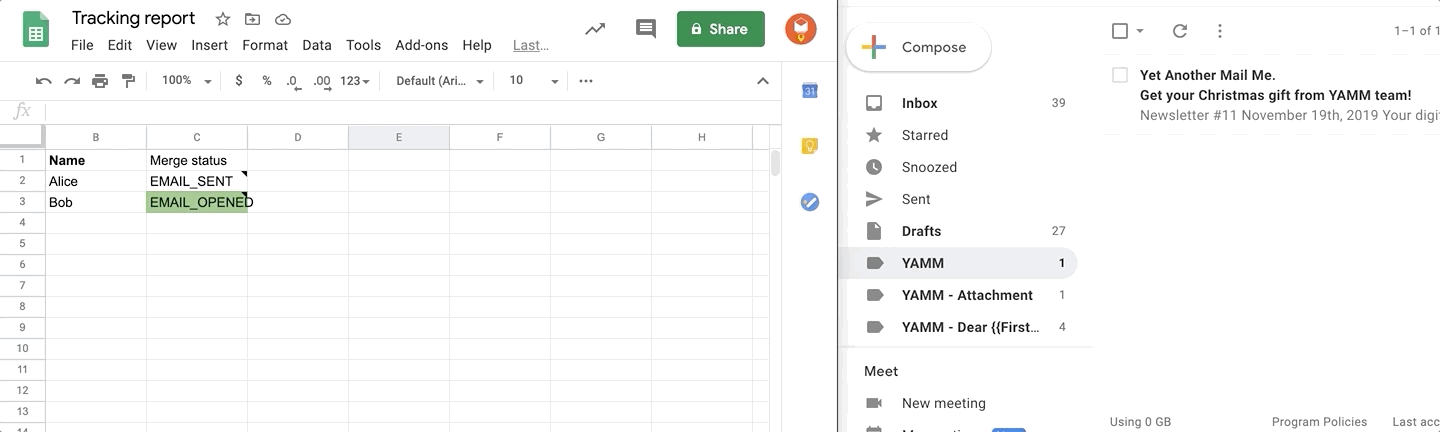 Tracking report sidebar open next to the contact list spreadsheet