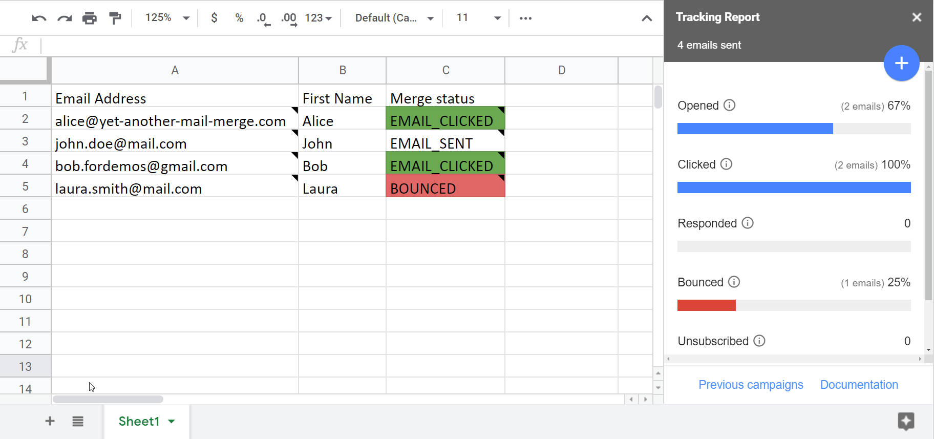 Rows filtered in the spreadsheet after clicking a metric in the tracking report