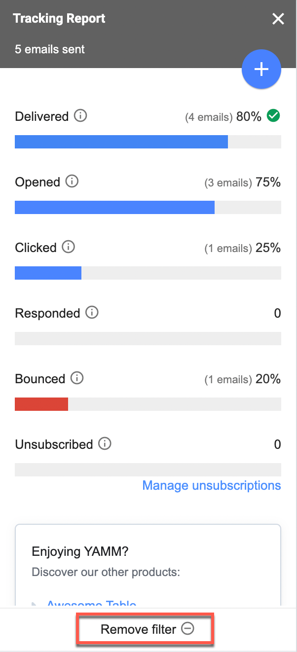 YAMM for Google Sheets tracking report remove filter