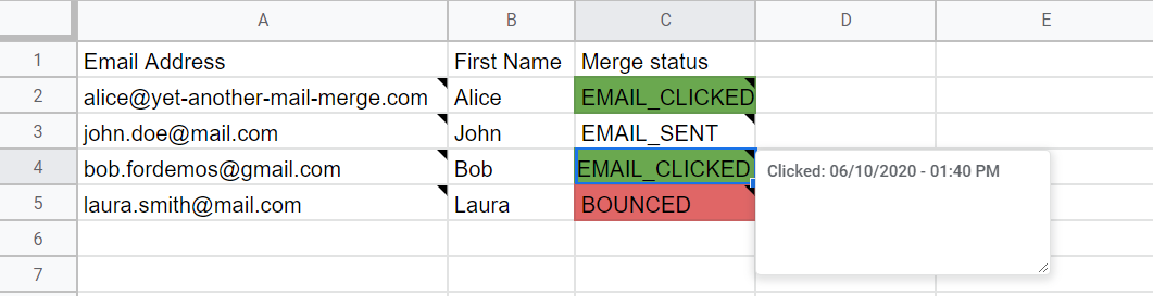 Note on a Merge status cell showing when the action happened