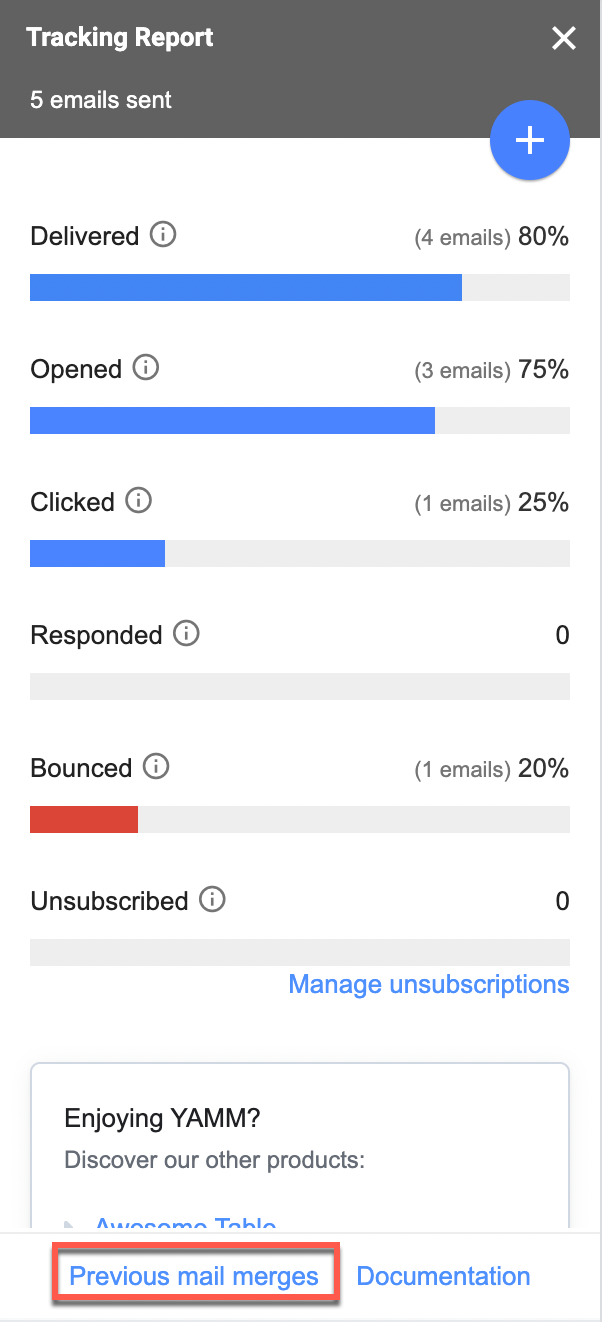 YAMM for Google Sheets tracking report click previous mail merges