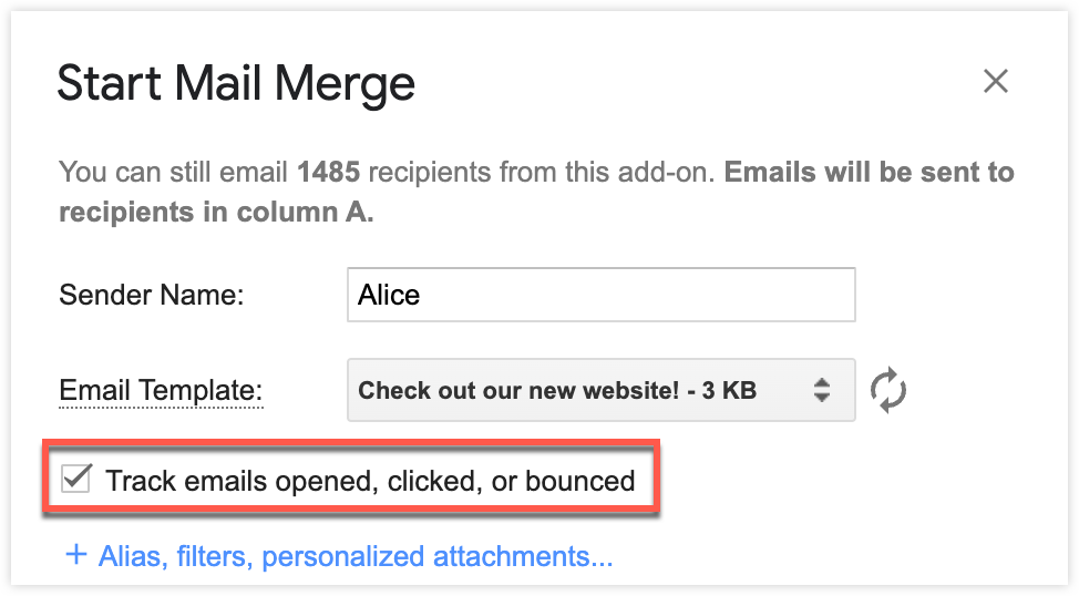 Track emails opened, clicked or bounced option in the Start Mail Merge window