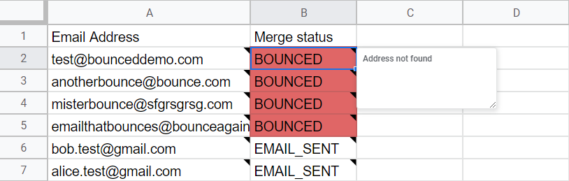 BOUNCED status in the Merge status column, with the bounce reason