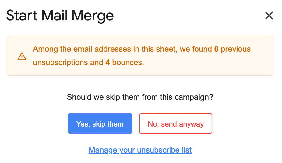 Warning listing previously bounced addresses before sending