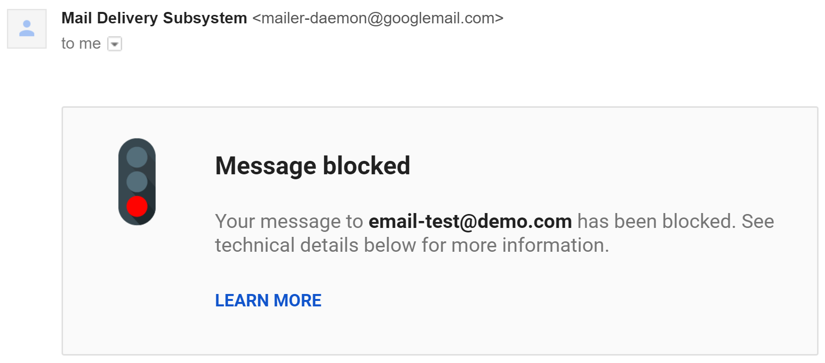 Message blocked bounce notification in Gmail