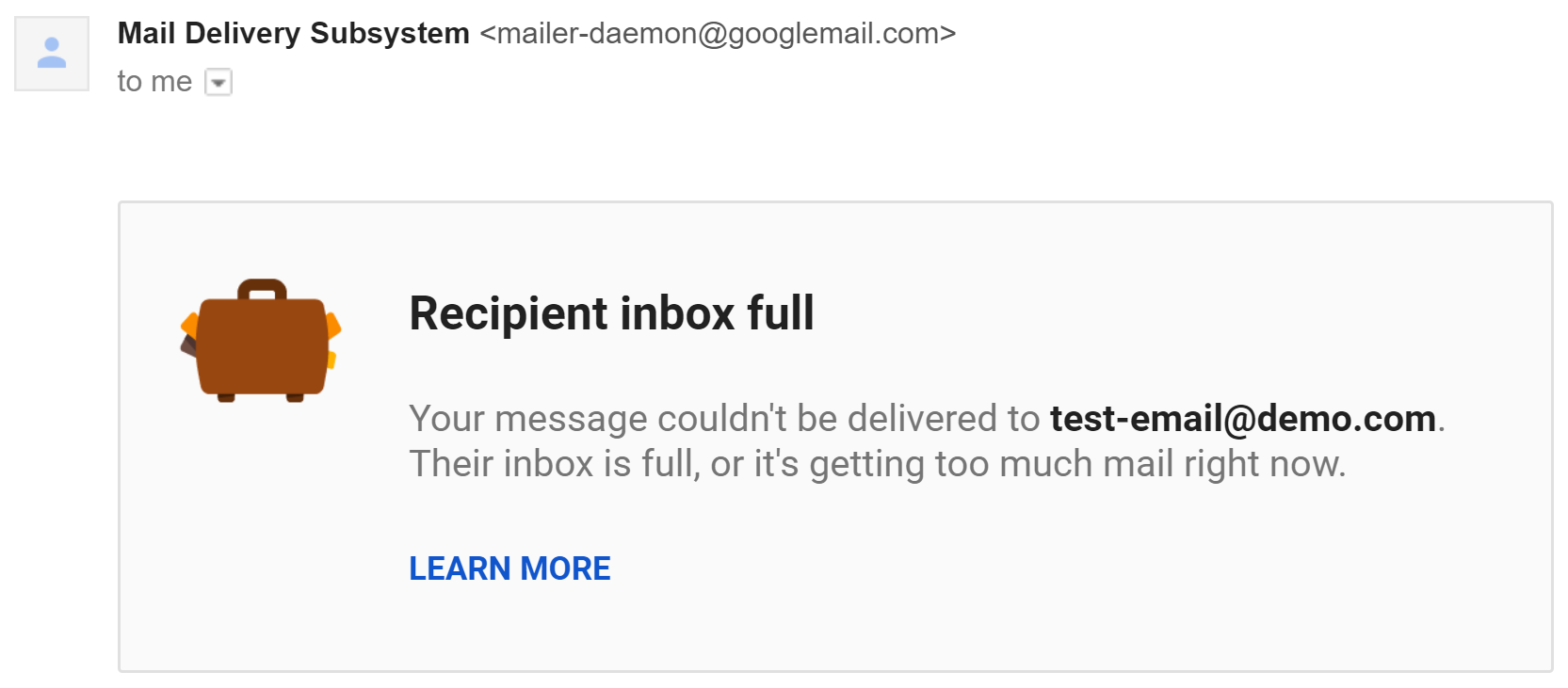 Recipient inbox full bounce notification in Gmail